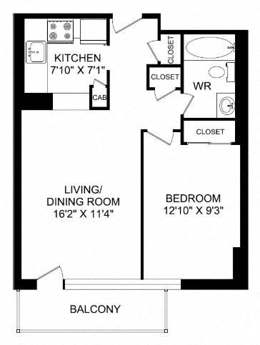 Floor plan for 1 bed, 1 bath, 556 sqft